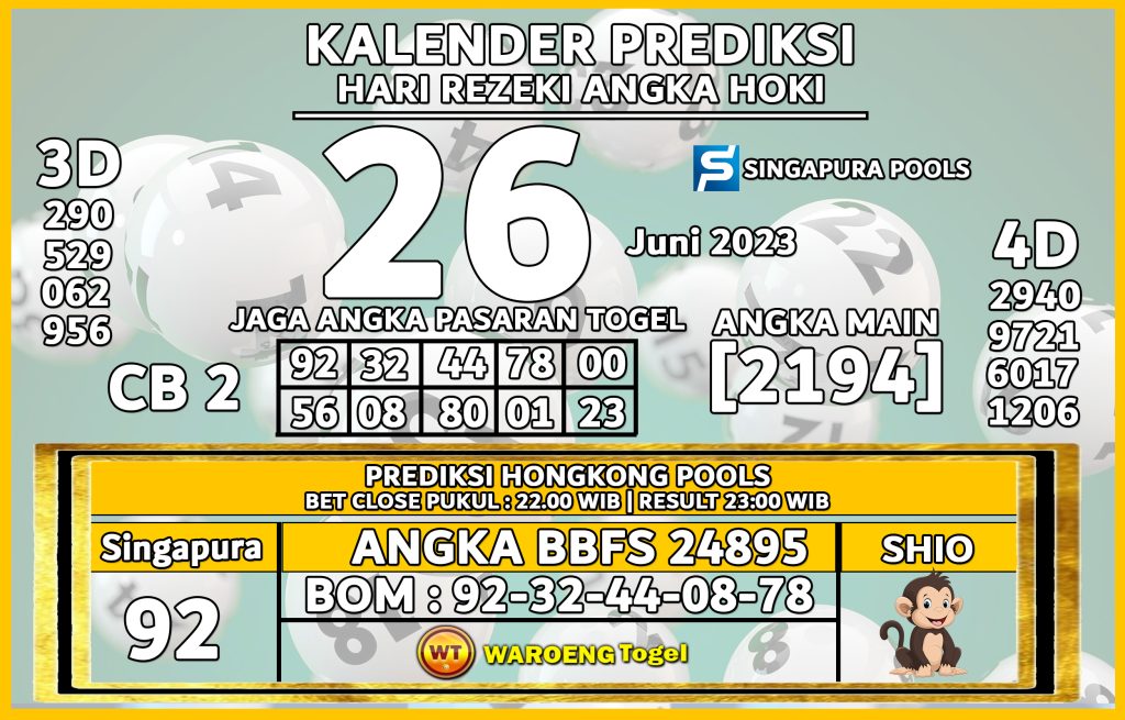 Prediksi Togel Bocoran SGP Senin 26 Juni 2023