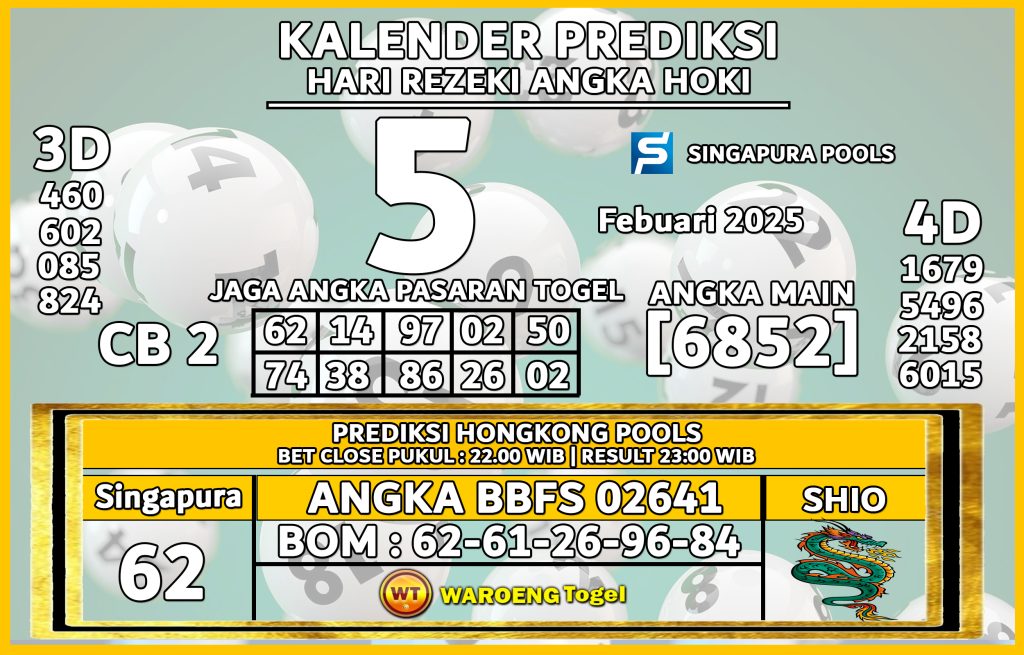 Prediksi Togel Bocoran SGP Rabu 5 Febuari 2025